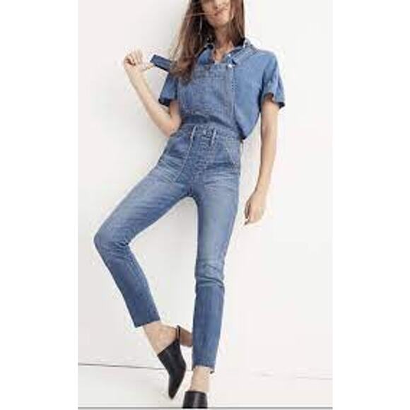 Madewell Women's Skinny Denim Overalls Raw Hem Side Zip Overalls Size XS - Picture 7 of 7